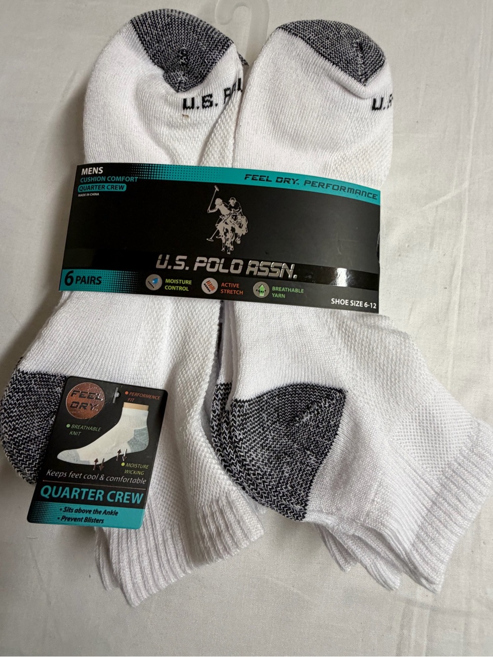U.S. Polo Assn. Men’s White Quarter Crew Socks with Gray Reinforcements - 6 Pack